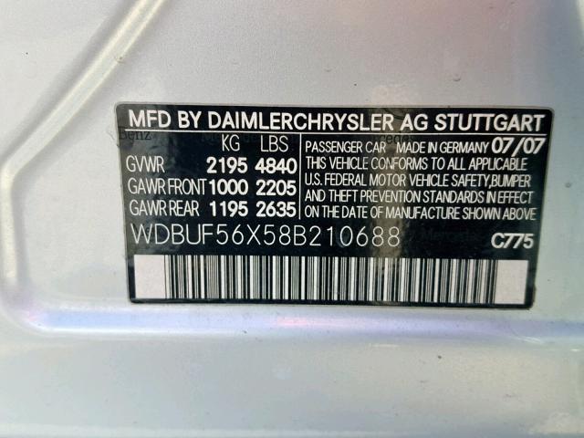 WDBUF56X58B210688 - 2008 MERCEDES-BENZ E 350 SILVER photo 10