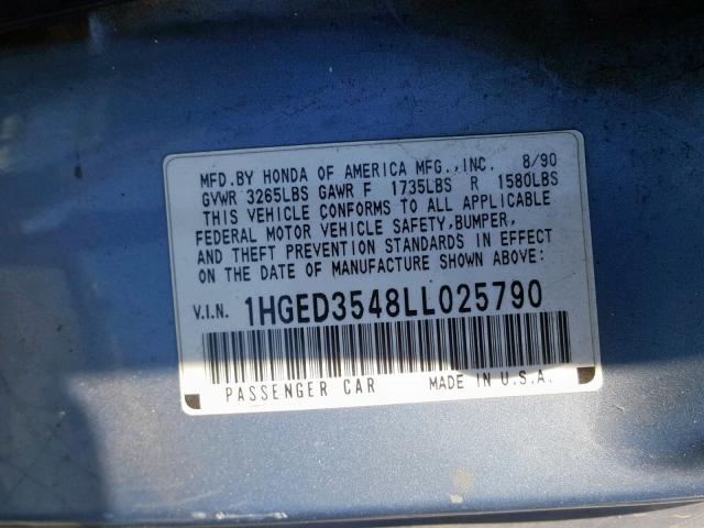 1HGED3548LL025790 - 1990 HONDA CIVIC DX BLUE photo 10