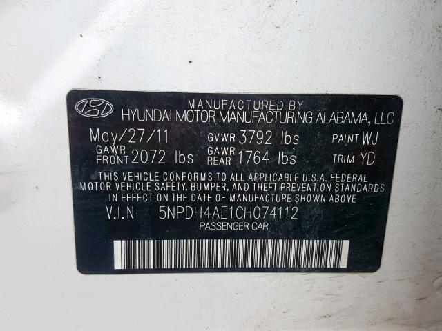 5NPDH4AE1CH074112 - 2012 HYUNDAI ELANTRA WHITE photo 10