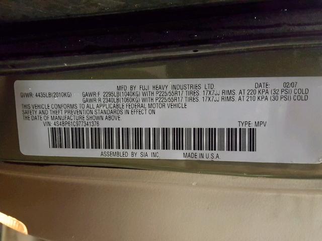 4S4BP61C977341376 - 2007 SUBARU LEGACY OUT GREEN photo 10