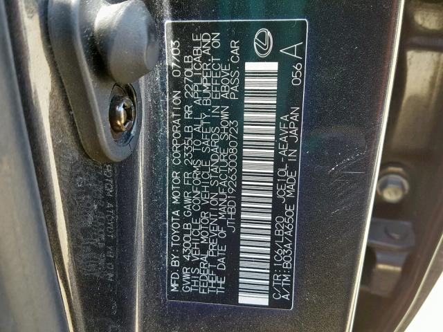 JTHBD192630080723 - 2003 LEXUS IS 300 GRAY photo 10