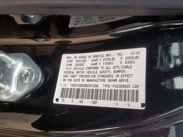 1HGCS22838A001284 - 2008 HONDA ACCORD EXL BLACK photo 10