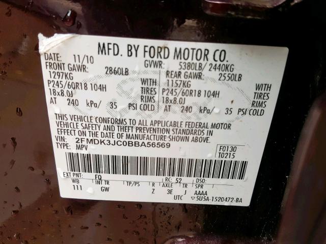 2FMDK3JC0BBA56569 - 2011 FORD EDGE SEL BURGUNDY photo 10