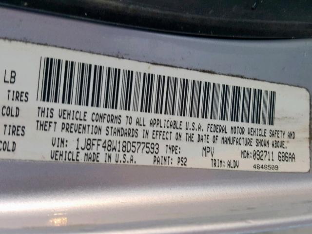 1J8FF48W18D577593 - 2008 JEEP PATRIOT LI SILVER photo 10