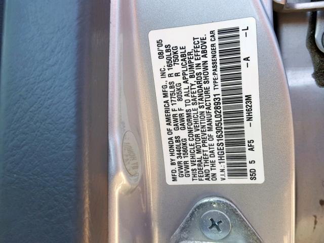 1HGES16305L028931 - 2005 HONDA CIVIC DX V SILVER photo 10