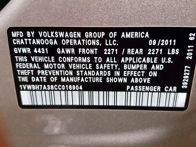 1VWBH7A38CC016904 - 2012 VOLKSWAGEN PASSAT SE SILVER photo 10