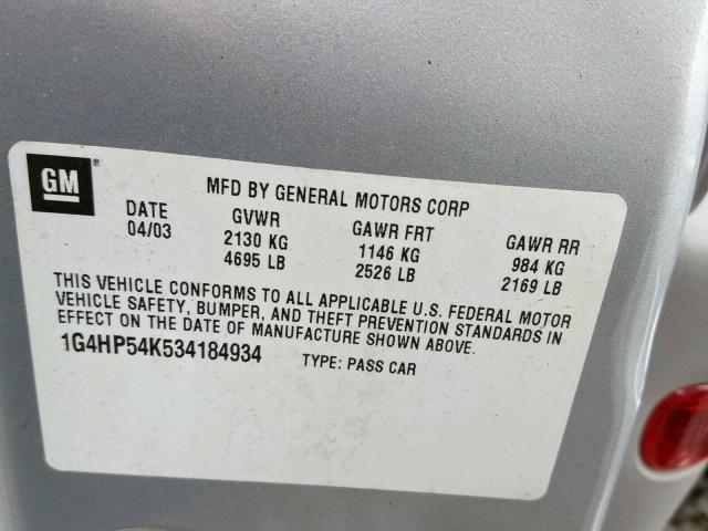 1G4HP54K534184934 - 2003 BUICK LESABRE CU SILVER photo 10