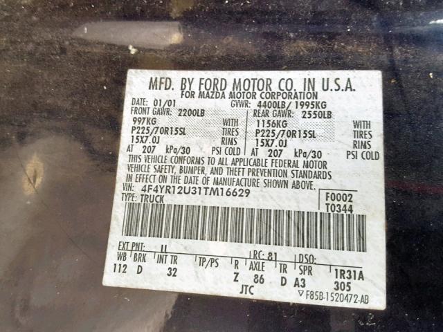 4F4YR12U31TM16629 - 2001 MAZDA B3000 BLUE photo 10