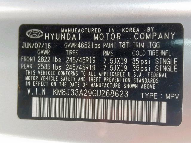 KM8J33A29GU268623 - 2016 HYUNDAI TUCSON LIM GRAY photo 10