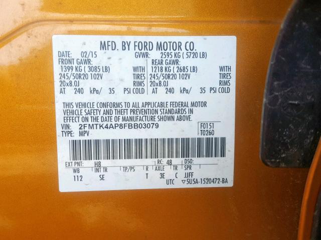 2FMTK4AP8FBB03079 - 2015 FORD EDGE SPORT ORANGE photo 10