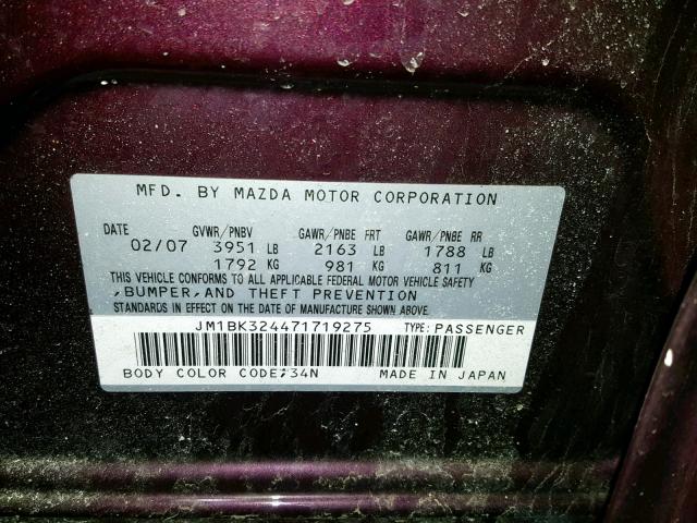 JM1BK324471719275 - 2007 MAZDA 3 S PURPLE photo 10