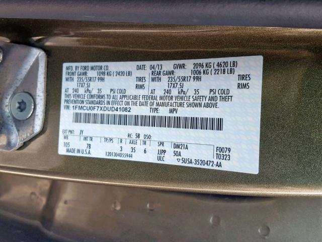 1FMCU0F7XDUD41082 - 2013 FORD ESCAPE S GREEN photo 10