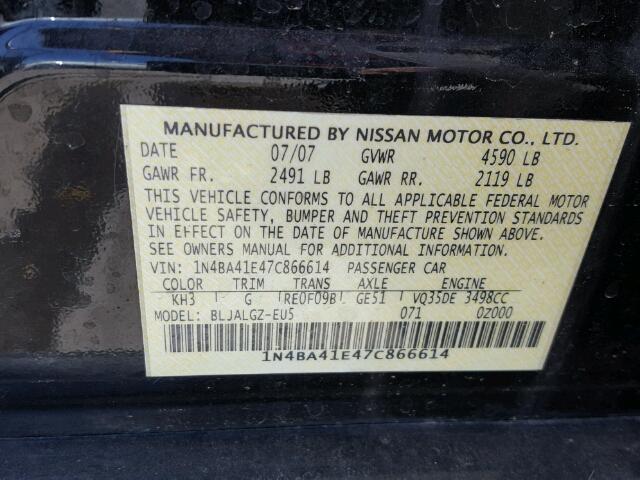 1N4BA41E47C866614 - 2007 NISSAN MAXIMA SE BLACK photo 10