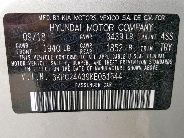 3KPC24A39KE051644 - 2019 HYUNDAI ACCENT SE SILVER photo 10