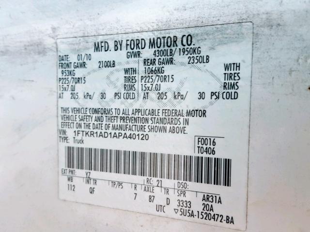 1FTKR1AD1APA40120 - 2010 FORD RANGER WHITE photo 10