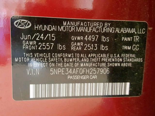 5NPE34AF0FH257906 - 2015 HYUNDAI SONATA SPO RED photo 10