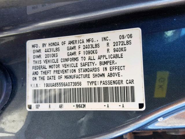 19UUA65556A073956 - 2006 ACURA 3.2TL BLACK photo 10