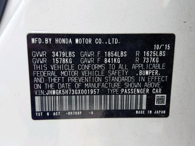 JHMGK5H73GX001957 - 2016 HONDA FIT EX WHITE photo 10