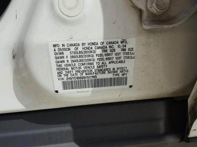 2HNYD18895H501165 - 2005 ACURA MDX TOURIN WHITE photo 10