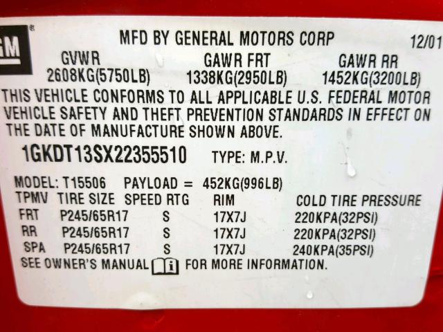 1GKDT13SX22355510 - 2002 GMC ENVOY RED photo 10