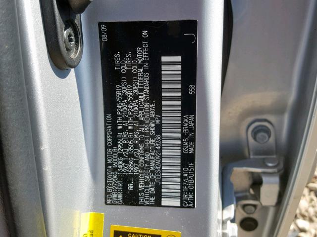 JTEES42A092148238 - 2009 TOYOTA HIGHLANDER SILVER photo 10