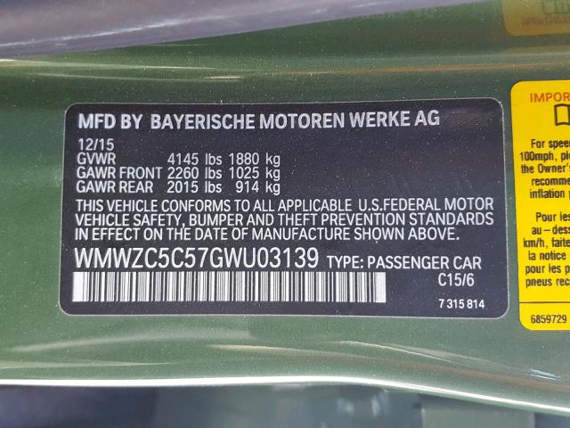 WMWZC5C57GWU03139 - 2016 MINI COOPER S C GREEN photo 10