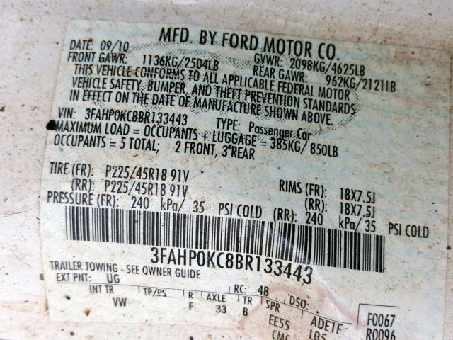 3FAHP0KC8BR133443 - 2011 FORD FUSION SPO WHITE photo 10