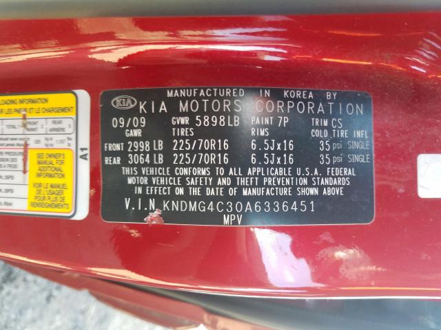 KNDMG4C30A6336451 - 2010 KIA SEDONA LX  photo 10