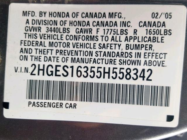 2HGES16355H558342 - 2005 HONDA CIVIC DX V GRAY photo 10