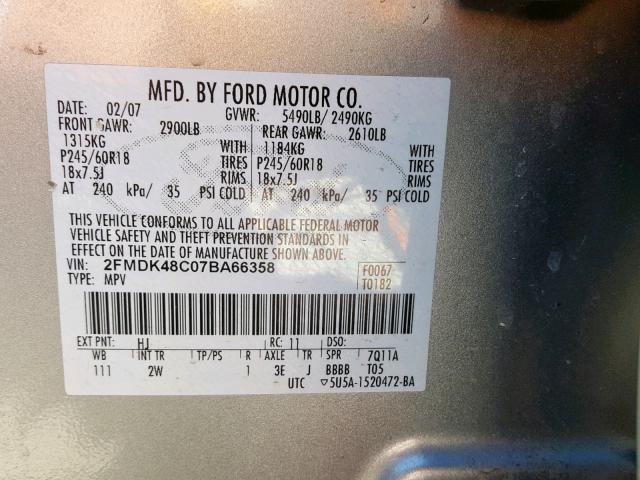 2FMDK48C07BA66358 - 2007 FORD EDGE SEL GRAY photo 10