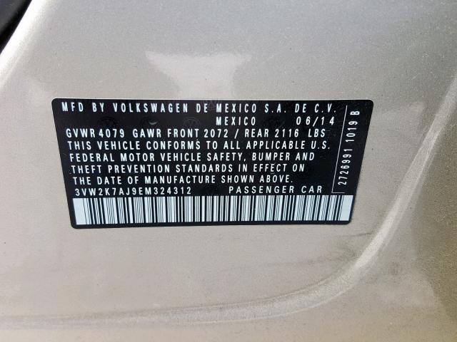 3VW2K7AJ9EM324312 - 2014 VOLKSWAGEN JETTA BASE GOLD photo 10