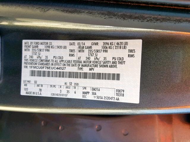 1FMCU0F76EUC44527 - 2014 FORD ESCAPE S GRAY photo 10