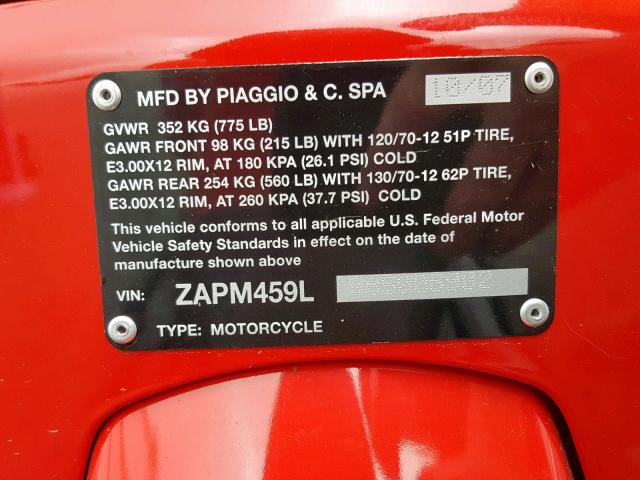 ZAPM459L885006982 - 2008 VESPA GTS 250 RED photo 10