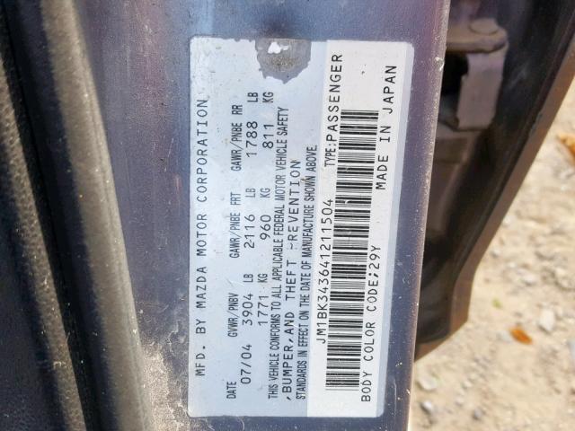 JM1BK343641211504 - 2004 MAZDA 3 HATCHBAC GRAY photo 10