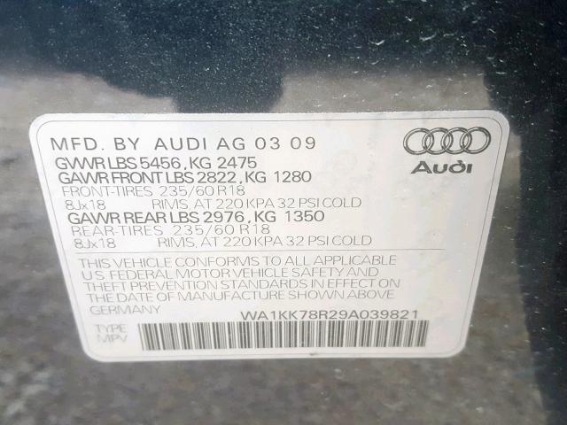 WA1KK78R29A039821 - 2009 AUDI Q5 3.2 GRAY photo 10