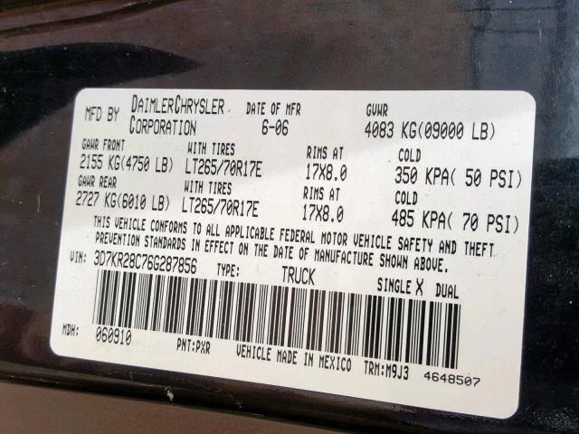 3D7KR28C76G287856 - 2006 DODGE RAM 2500 S შავი ფოტო 10