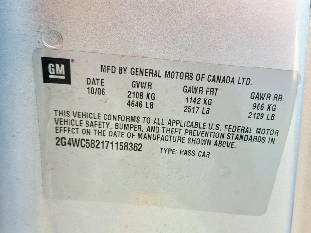 2G4WC582171158362 - 2007 BUICK LACROSSE C SILVER photo 10