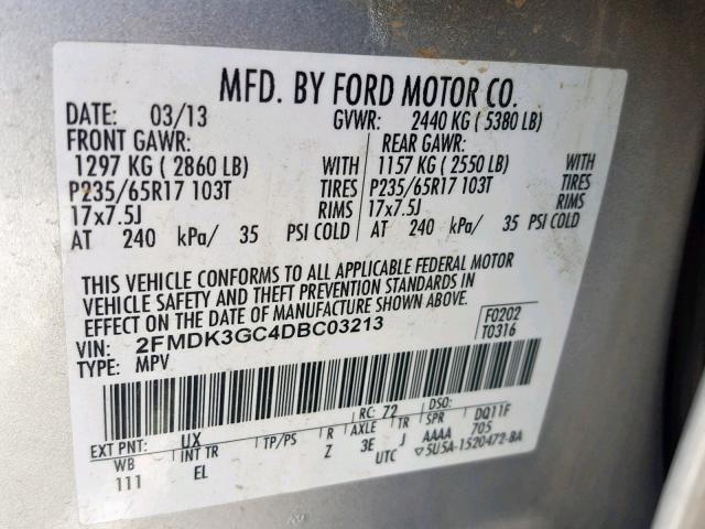 2FMDK3GC4DBC03213 - 2013 FORD EDGE SE SILVER photo 10