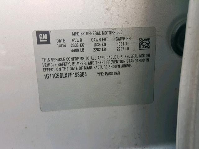 1G11C5SLXFF193384 - 2015 CHEVROLET MALIBU 1LT 银色 照片 10