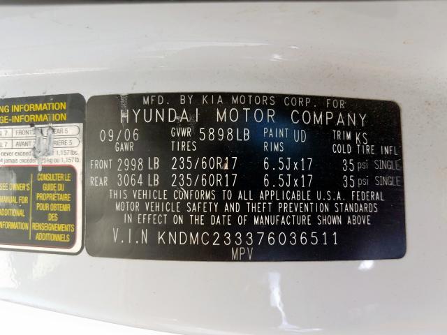 KNDMC233376036511 - 2007 HYUNDAI ENTOURAGE GLS  photo 10