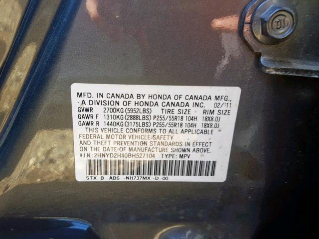 2HNYD2H40BH527104 - 2011 ACURA MDX TECHNO BLACK photo 10