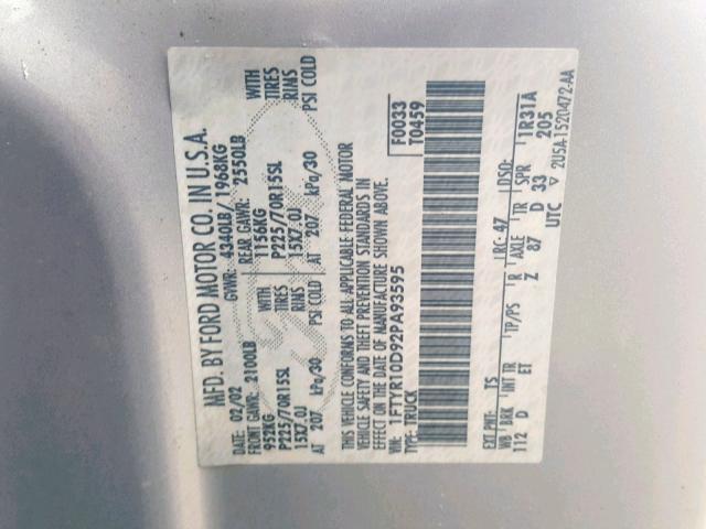 1FTYR10D92PA93595 - 2002 FORD RANGER SILVER photo 10