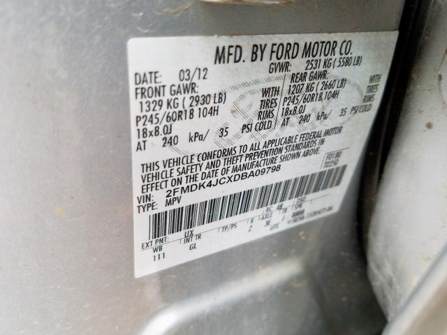 2FMDK4JCXDBA09798 - 2013 FORD EDGE SEL  photo 10