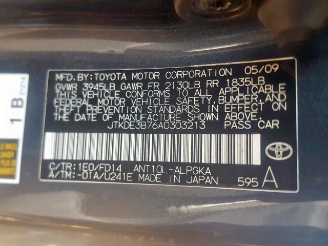 JTKDE3B76A0303213 - 2010 TOYOTA SCION TC ლურჯი ფოტო 10