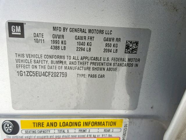 1G1ZC5EU4CF202759 - 2012 CHEVROLET MALIBU 1LT ვერცხლისფერი ფოტო 10