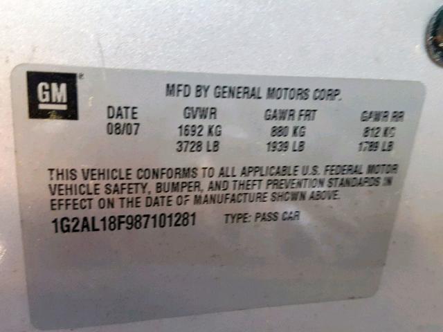 1G2AL18F987101281 - 2008 PONTIAC G5 SILVER photo 10