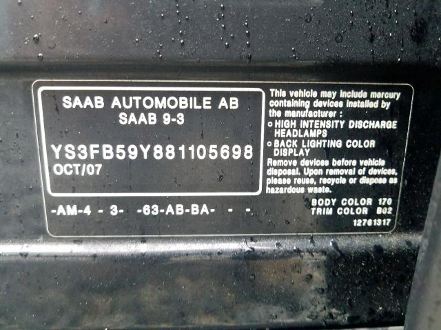 YS3FB59Y881105698 - 2008 SAAB 9-3 2.0T  photo 10