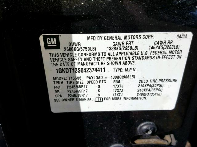 1GKDT13S042374411 - 2004 GMC ENVOY GRAY photo 10