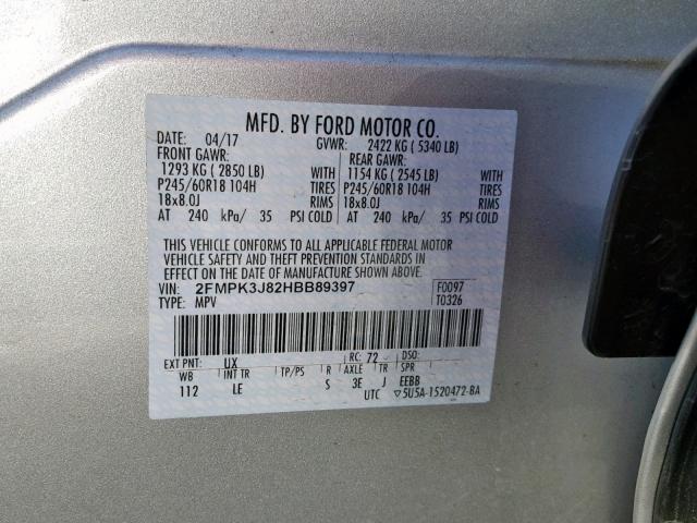 2FMPK3J82HBB89397 - 2017 FORD EDGE SEL SILVER photo 10