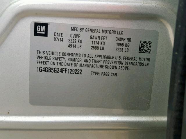 1G4GB5G34FF129222 - 2015 BUICK LACROSSE SILVER photo 10